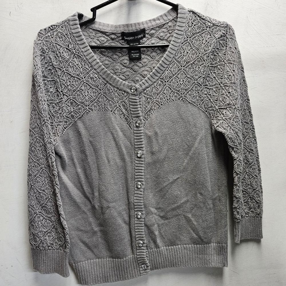Sweater Project Medium Grey Cotton Knit Cardigan 3/4 Sleeve